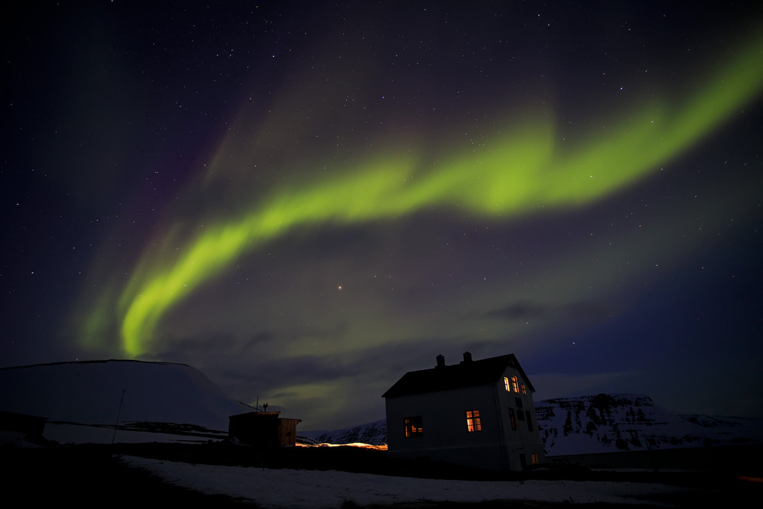 Aurora borealis, Kviar Lodge, Hornstrandir, Iceland by Bret Charman